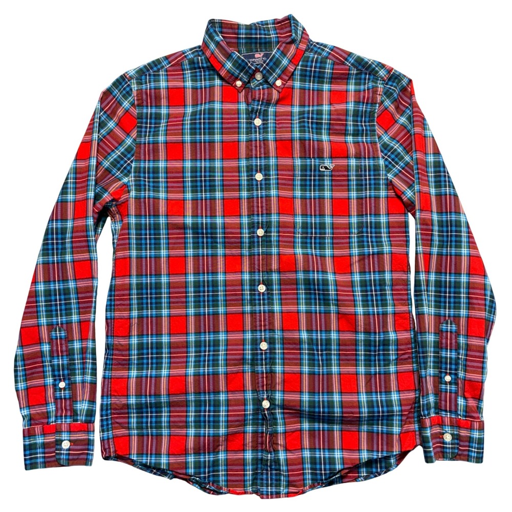 Vineyard Vines Slim Fit Tucker Shirt Mens Small Red Blue Plaid Cotton